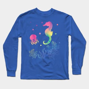 Seahorse And Jellyfish Rainbow Colors Long Sleeve T-Shirt